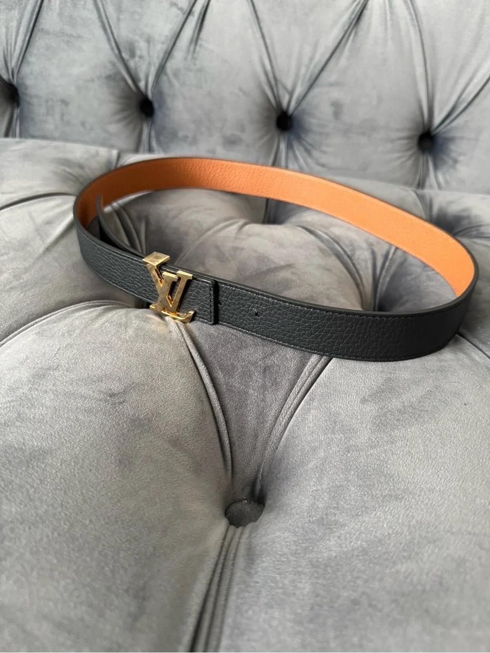 Louis Vuitton Black and Tan Reversible Belt with Gold LV Buckle